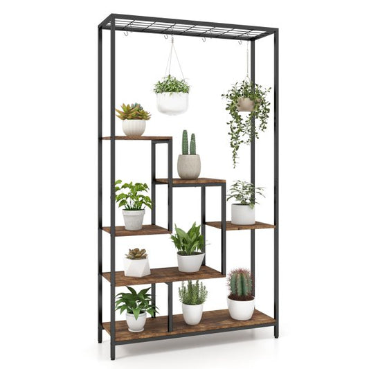6-Tier Tall Plant Stand 71" Metal Indoor Plant Shelf with 10 Hanging Hooks-Rustic Brown