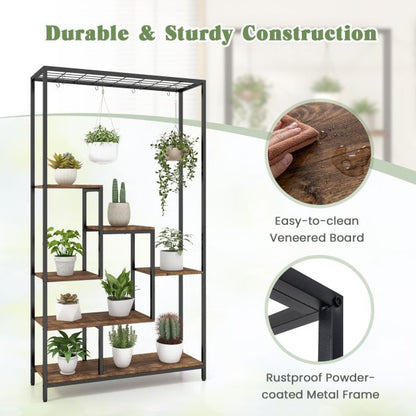 6-Tier Tall Plant Stand 71" Metal Indoor Plant Shelf with 10 Hanging Hooks-Rustic Brown