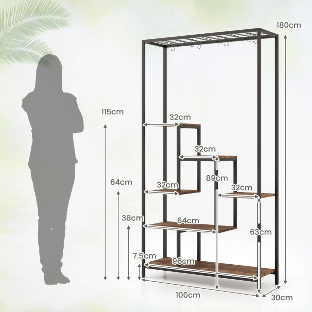 6-Tier Tall Plant Stand 71" Metal Indoor Plant Shelf with 10 Hanging Hooks-Rustic Brown