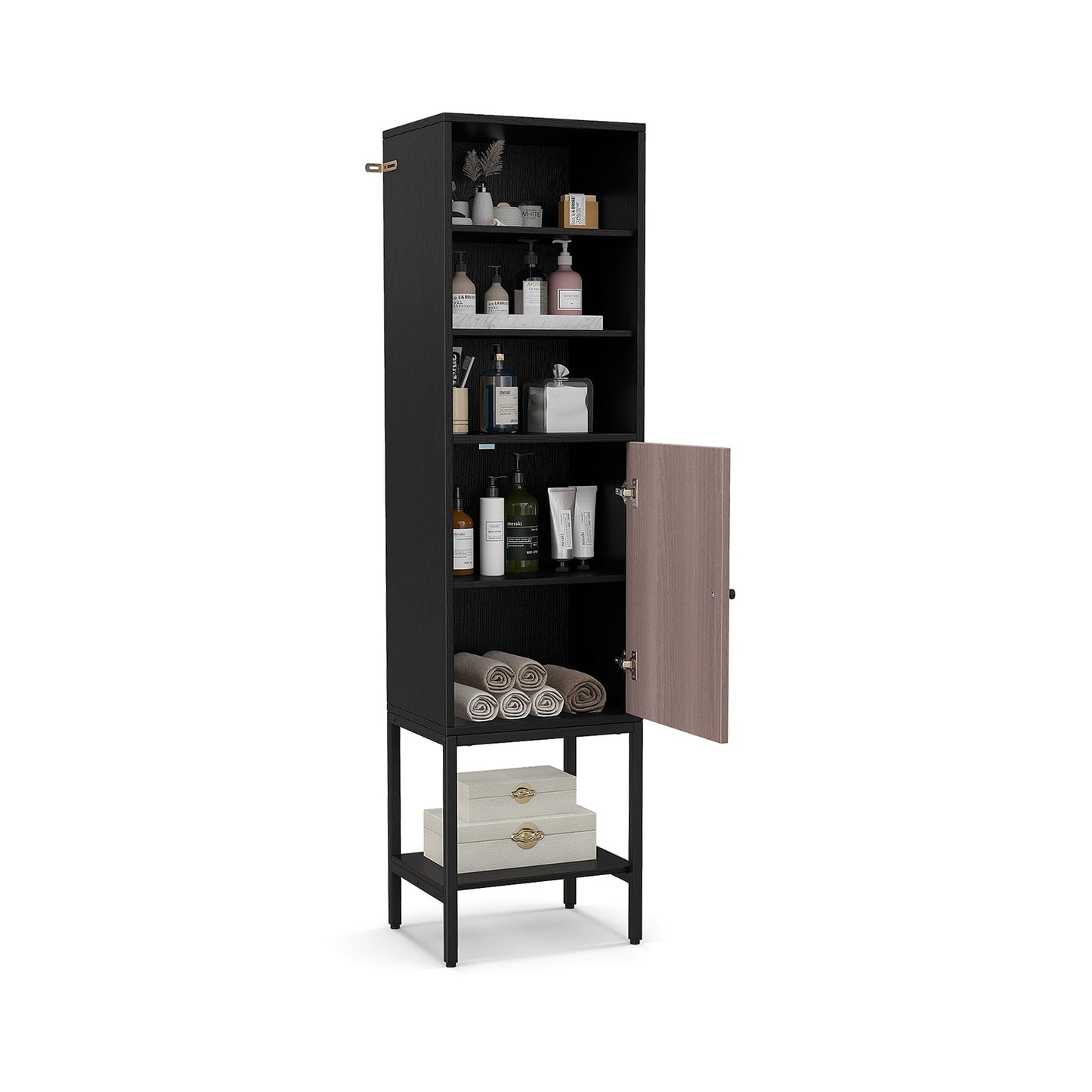 Tall Storage Cabinet with Adjustable Shelf and Bottom Storage-Black