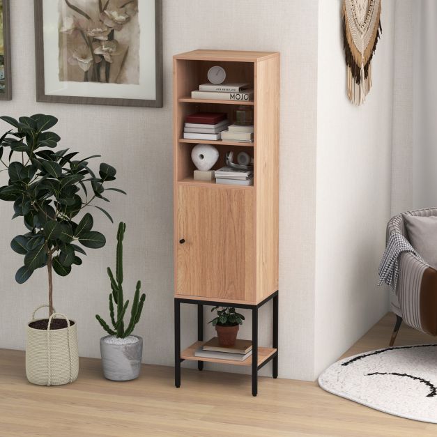 Tall Storage Cabinet with Adjustable Shelf and Bottom Storage-Natural