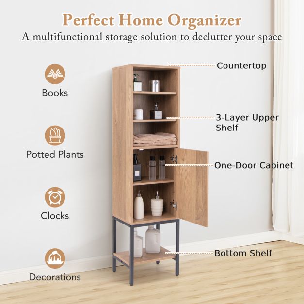 Tall Storage Cabinet with Adjustable Shelf and Bottom Storage-Natural