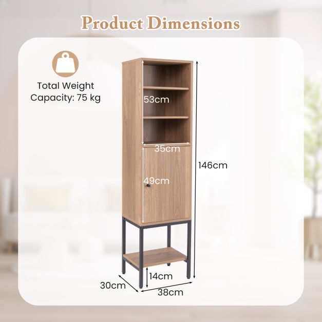 Tall Storage Cabinet with Adjustable Shelf and Bottom Storage-Natural