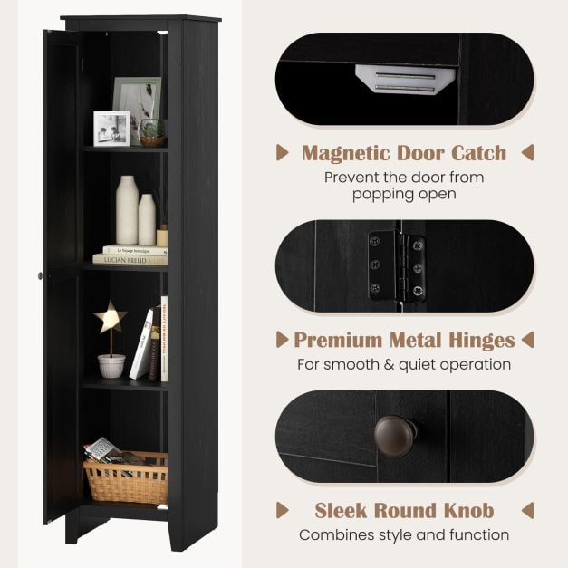 Tall Storage Cabinet with Four Shelves and Single Door-Black