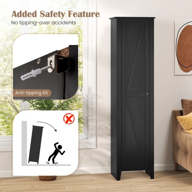 Tall Storage Cabinet with Four Shelves and Single Door-Black