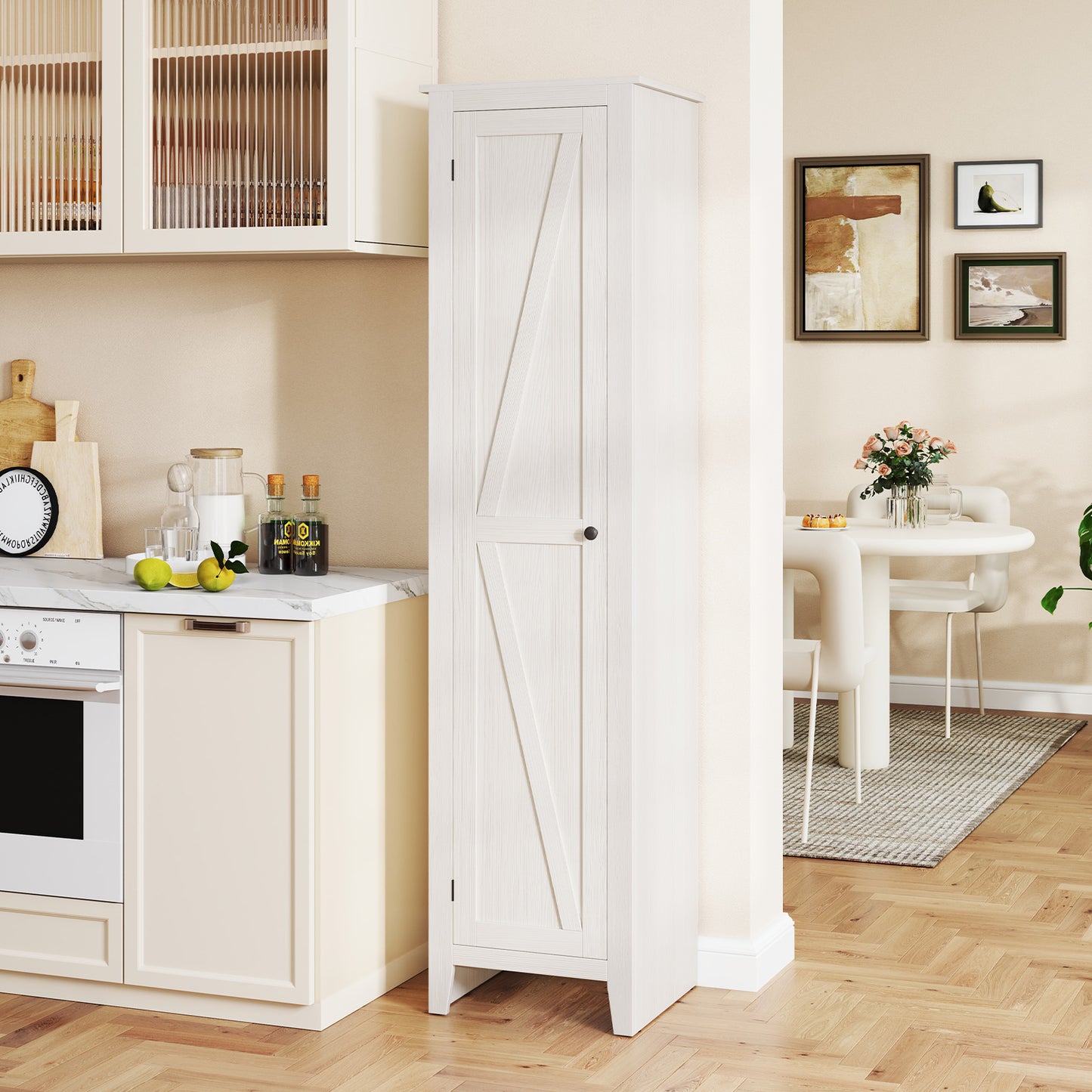 Tall Storage Cabinet with Four Shelves and Single Door-White