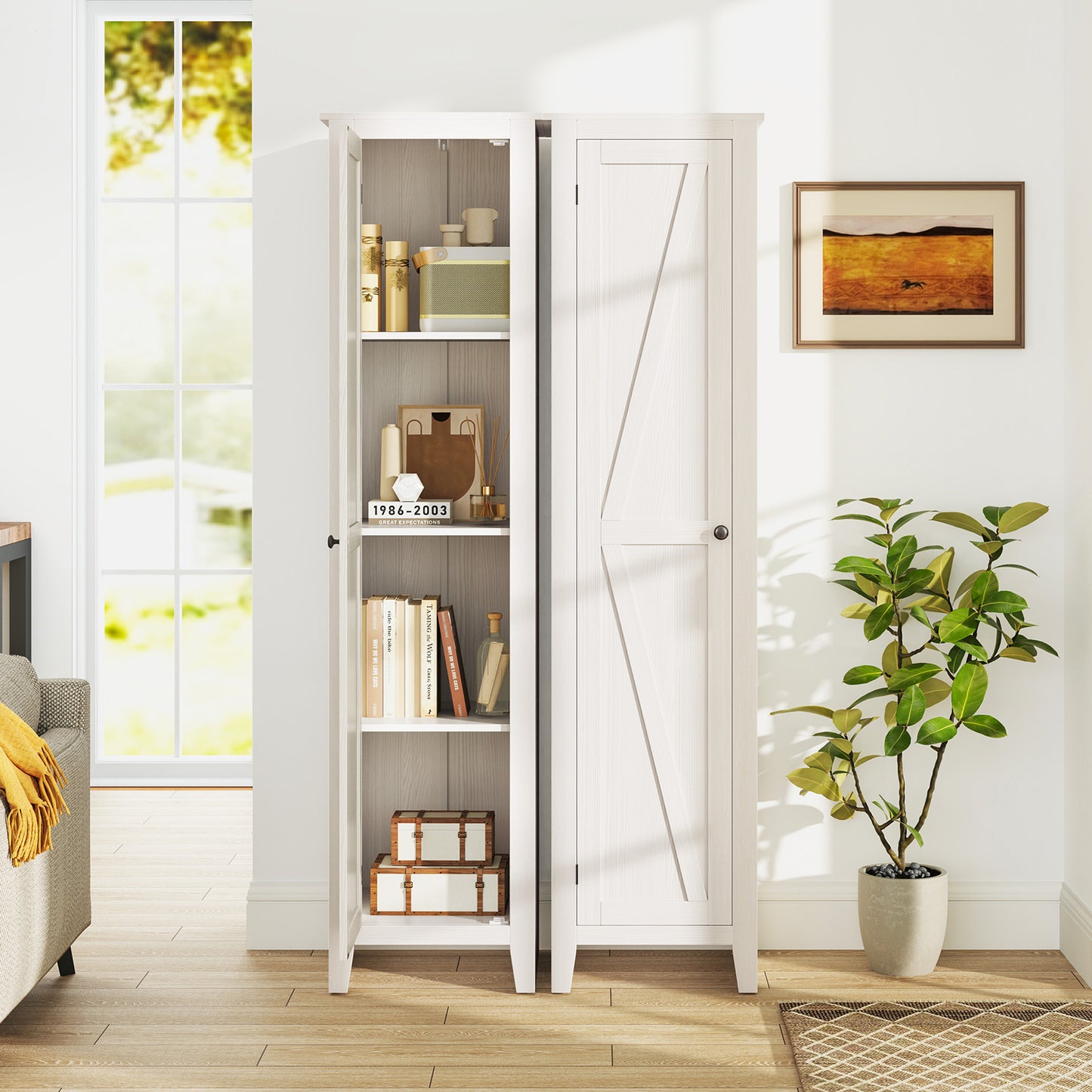 Tall Storage Cabinet with Four Shelves and Single Door-White