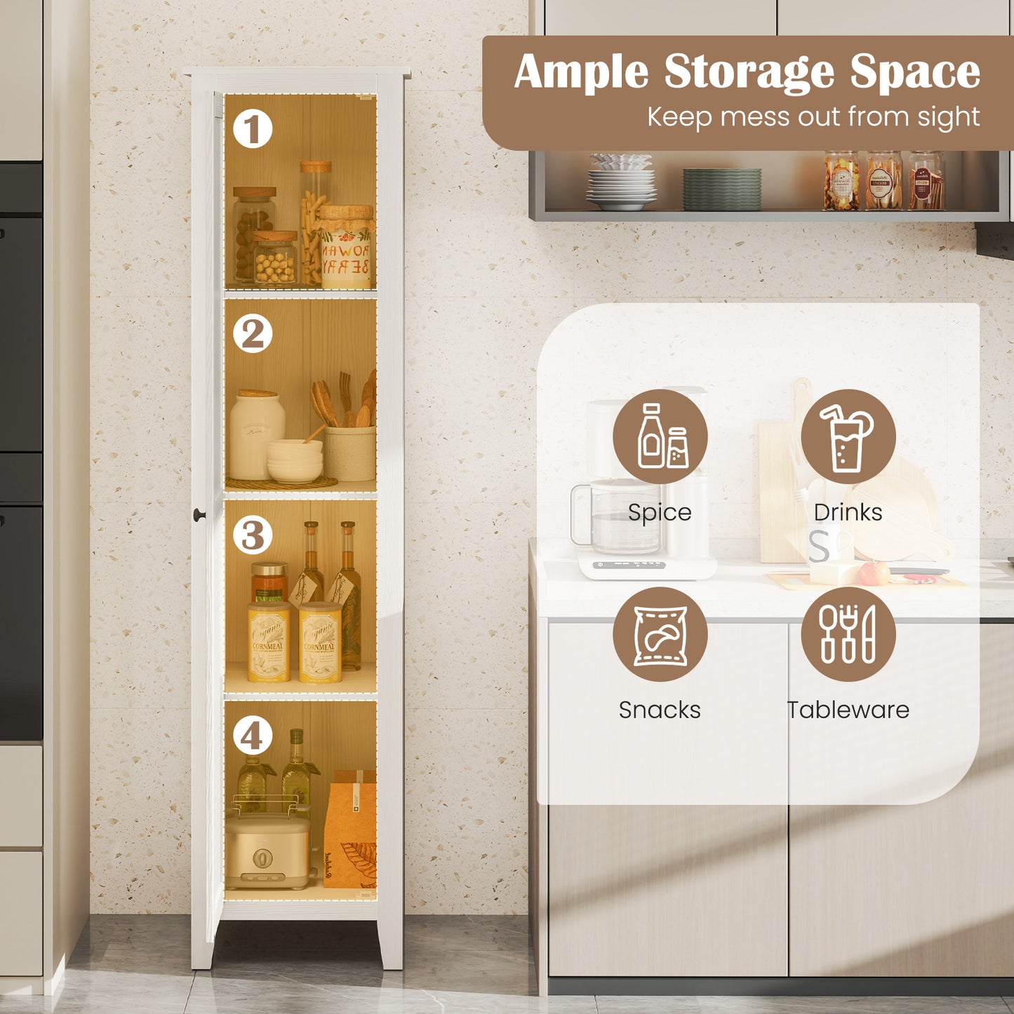 Tall Storage Cabinet with Four Shelves and Single Door-White