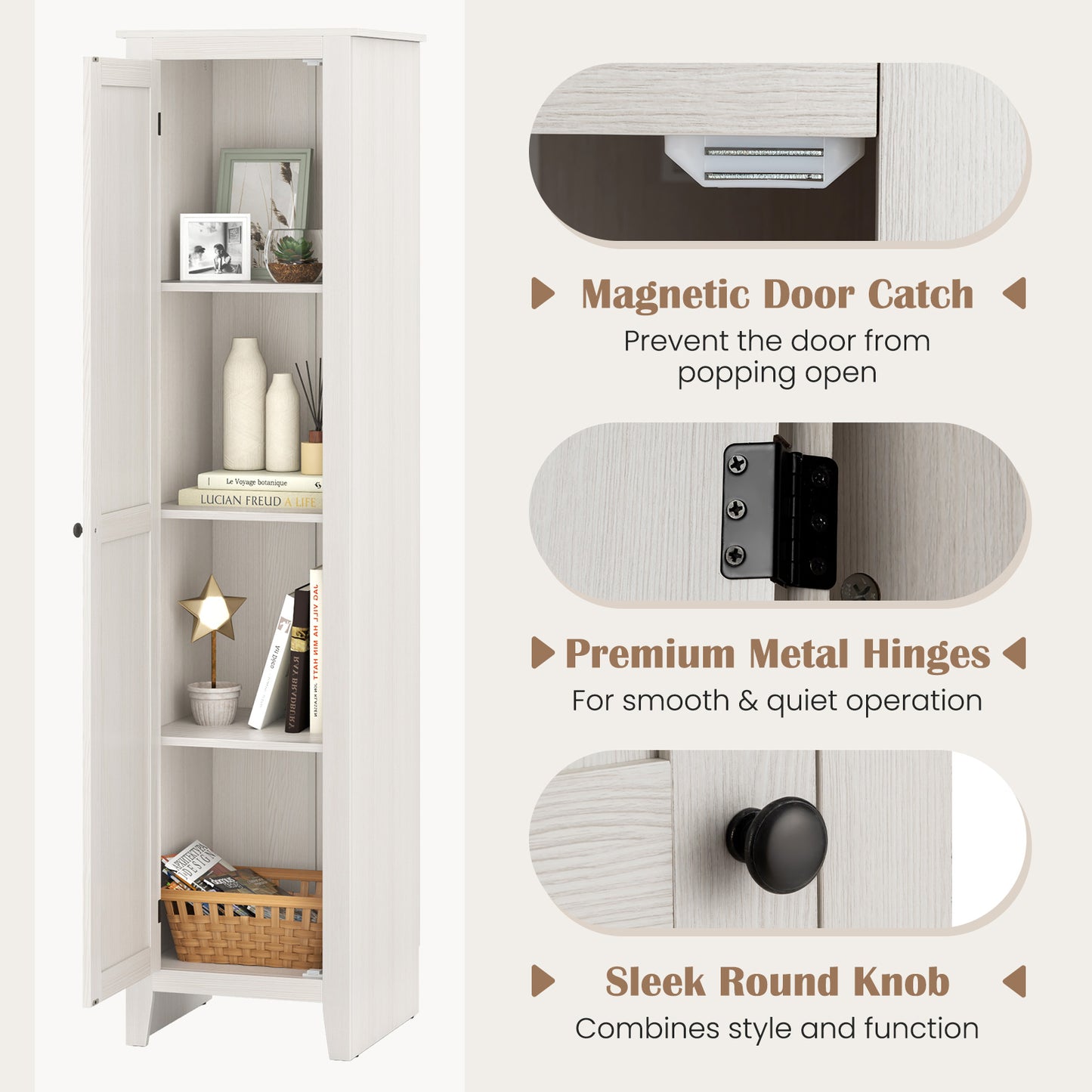 Tall Storage Cabinet with Four Shelves and Single Door-White