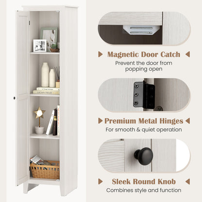 Tall Storage Cabinet with Four Shelves and Single Door-White