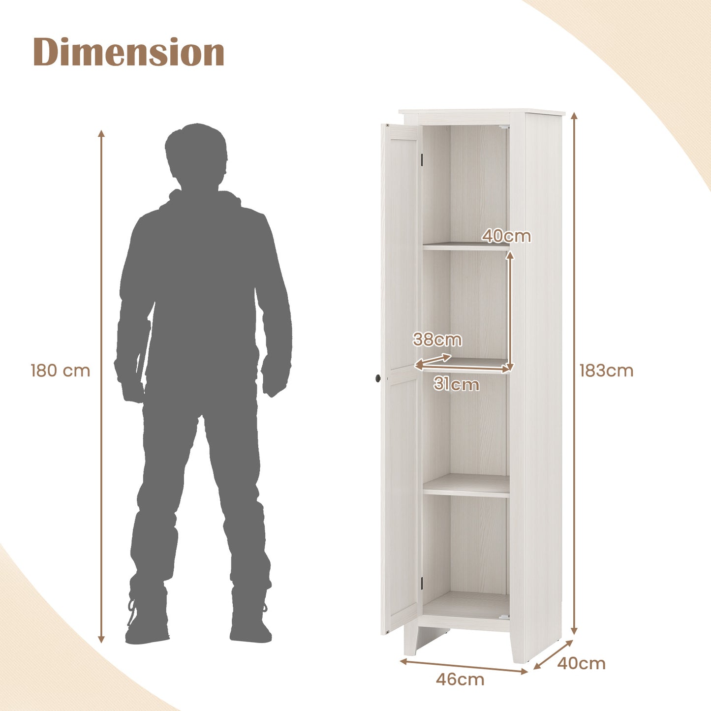 Tall Storage Cabinet with Four Shelves and Single Door-White
