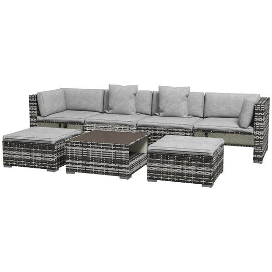 Outdoor Garden 7-Piece Rattan Patio Furniture Set with Sofa, Footstools, Coffee Table, Side Shelves, Cushions, Pillows, Mixed Grey