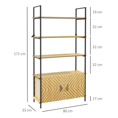 Retro Style Industrial Bookshelf 4-Tier Shelving with Double Door Cabinet and Metal Frame for Living Room, Bedroom, Oak Tone