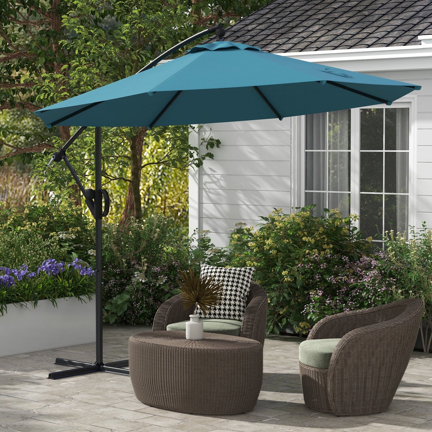 3 Metre Cantilever Banana Parasol / Cross Base / Crank Handle, Tilt And 8 Ribs, Round Hanging Patio Umbrella For Pool Garden Balcony - Blue