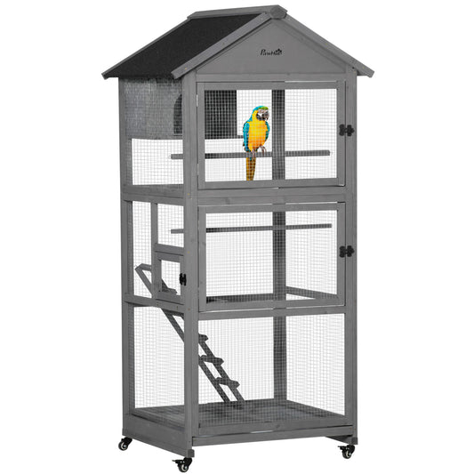 PawHut Bird Cage klatka dla papużek falistych drewniana woliera zewnętrzna z kółkami dla kanarka z dachem asfaltowym grzęda gniazdo drabinka wysuwana tacka, szara