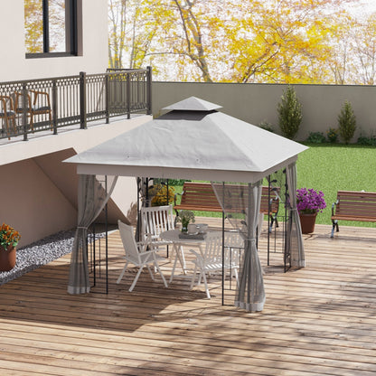 Outsunny 3(m) x 3(m)  Double Roof Outdoor Garden Gazebo Canopy Shelter with Netting, Solid Steel Frame, Light Grey