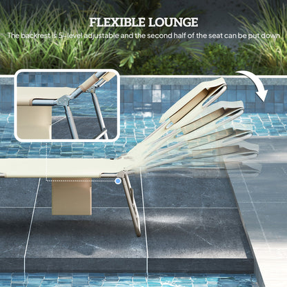 Outsunny 5-Position Adjustable Sun Loungers Set of 2 with Reading Hole and Side Pocket, Beige