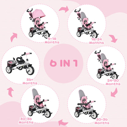 HOMCOM 6 in 1 Kids Trike with Parent Handle, Canopy, 5-point Safety Belt, Storage, Footrest, Brake, for 1-5 Years, Pink