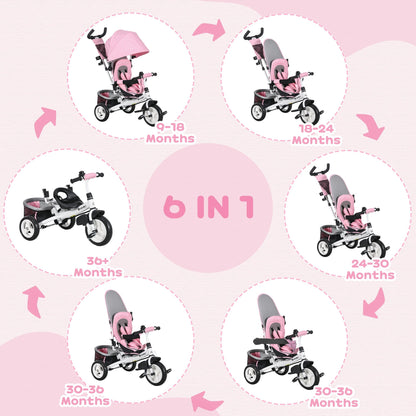 HOMCOM 6 in 1 Kids Trike with Parent Handle, Canopy, 5-point Safety Belt, Storage, Footrest, Brake, for 1-5 Years, Pink