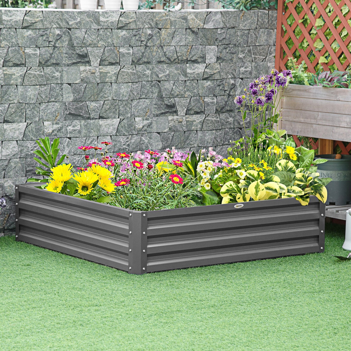 Outsunny 432L Square Raised Garden Bed Box Steel Frame for Vegetables, Flowers and Herbs, 120 x 120 x 30cm, Light Grey