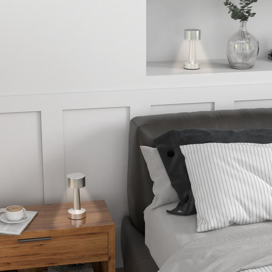 Zestaw 2 bezprzewodowych lamp stołowych, lampa biurkowa LED z akumulatorem, 3 kolory, do sypialni i salonu, srebrna