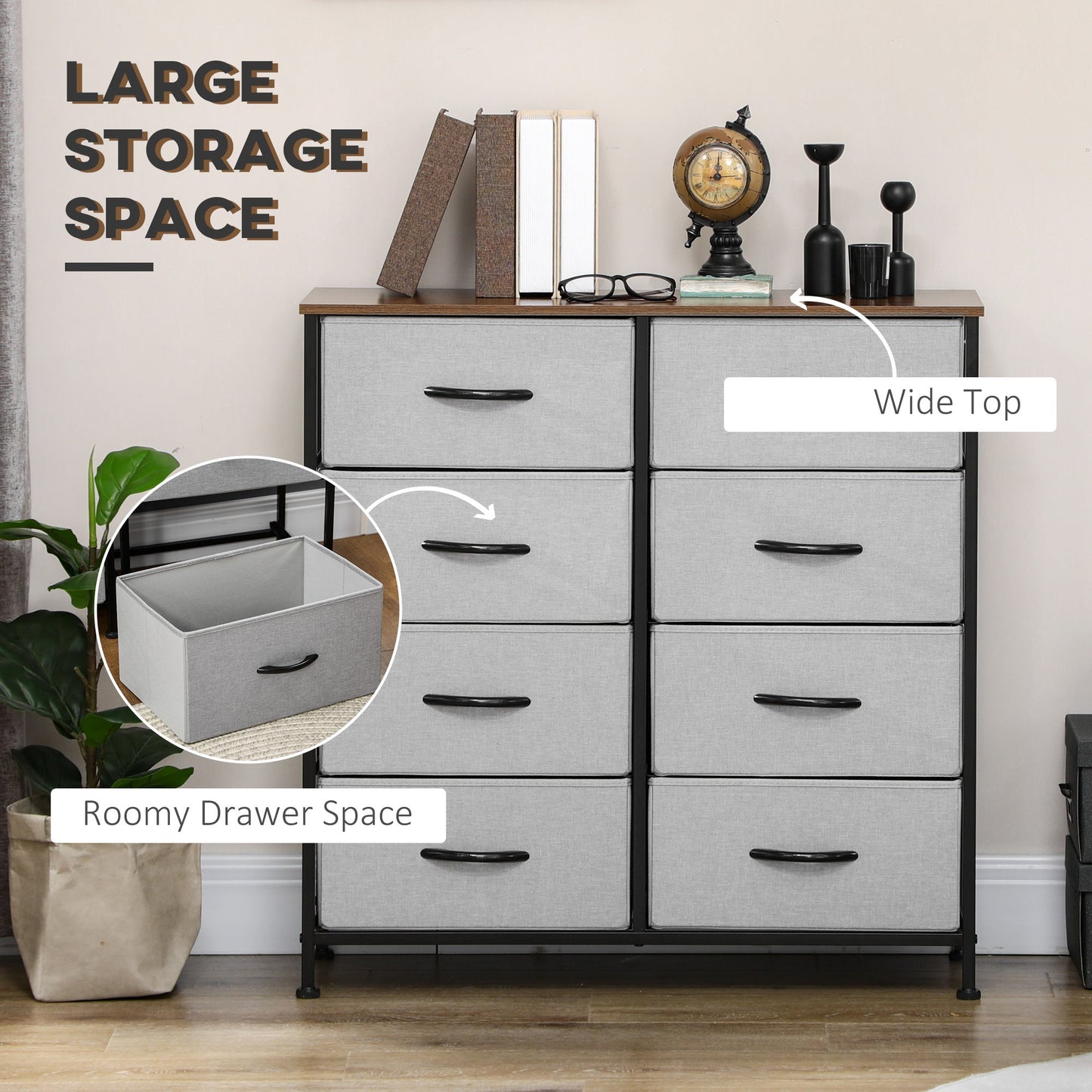 HOMCOM Fabric Chest of Drawers, Industrial Bedroom Dresser with 8 Fabric Drawers, Steel Frame and Wooden Top for Nursery, Living Room, Hallway, Grey