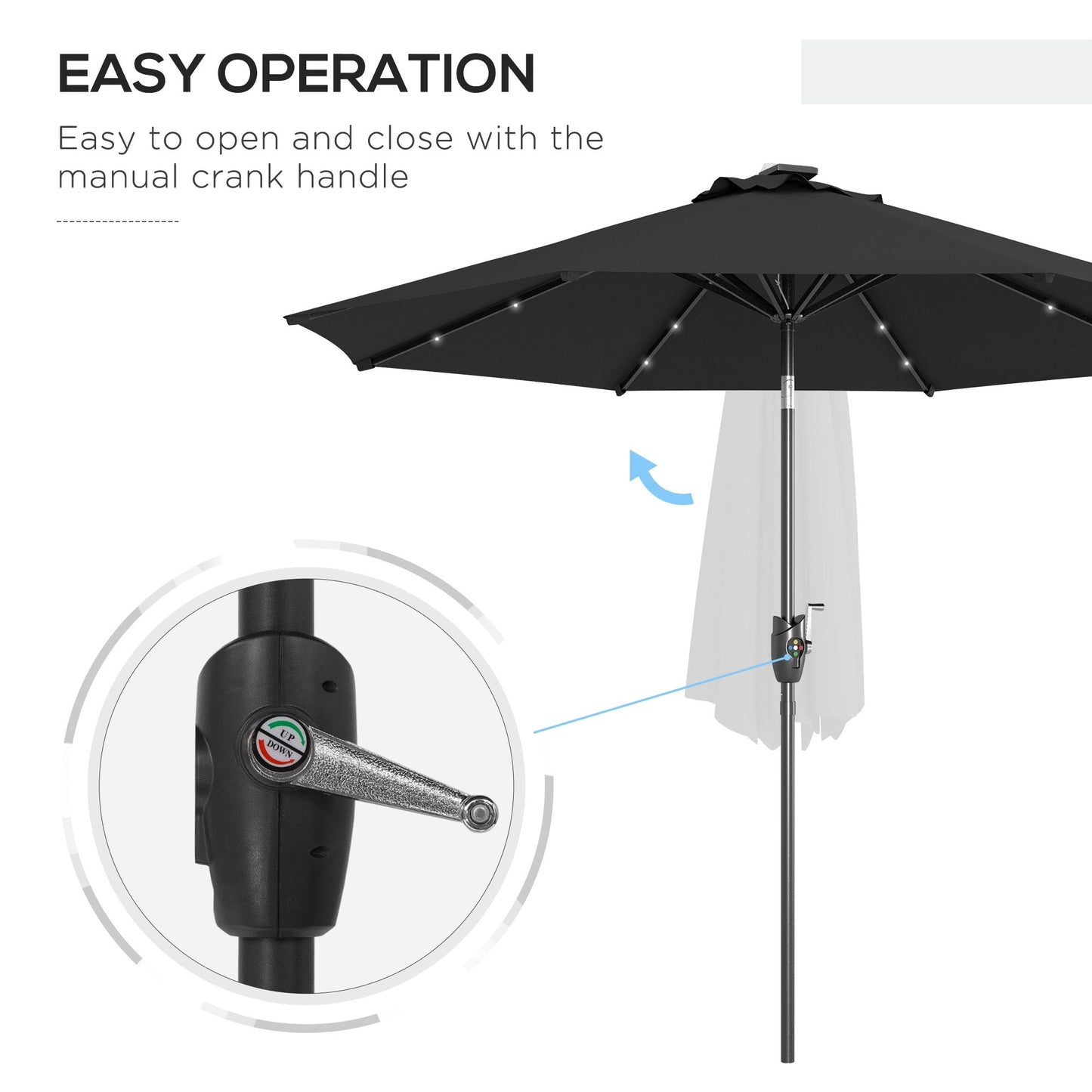 Outsunny Φ2.7m Garden Parasol Solar Outdoor Tilt Sun Umbrella Patio Sun Shade w/ 24 LED Light, Hand Crank and 8 Ribs, Black