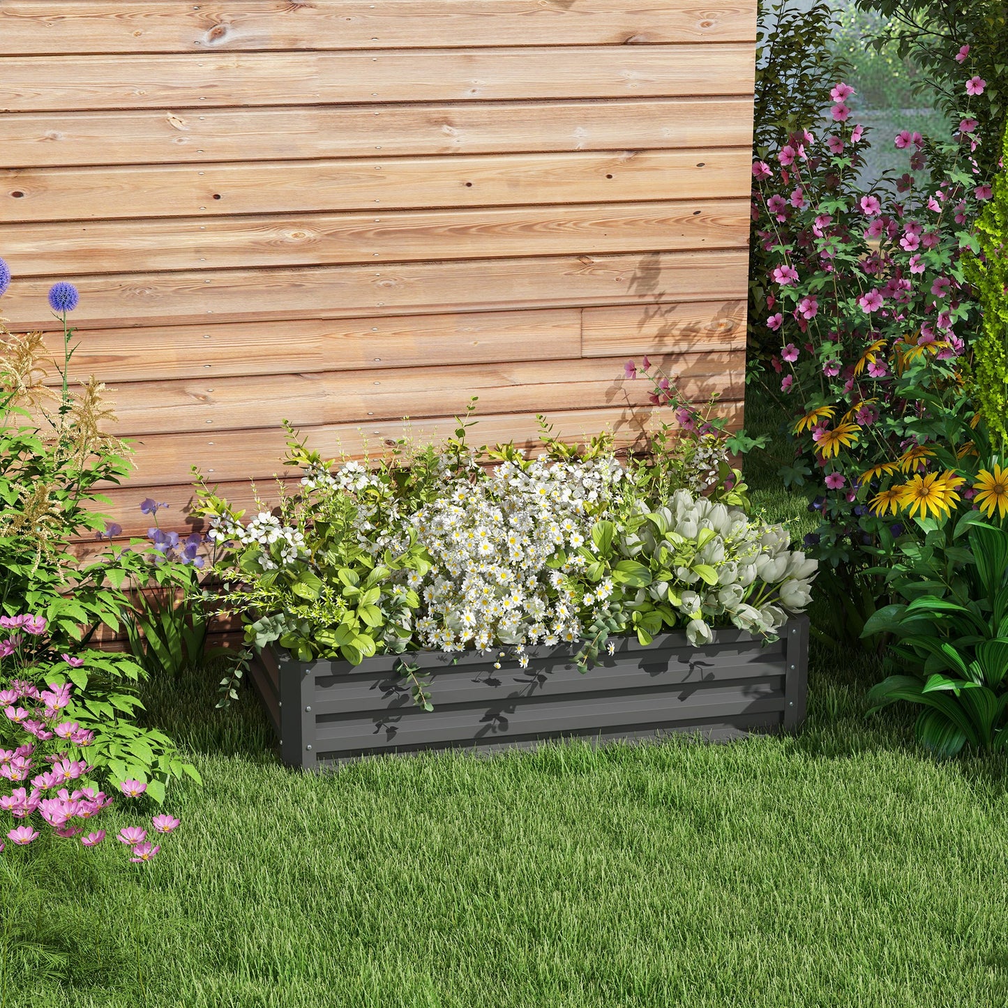 Outsunny Rectangle Raised Garden Bed Box with Weatherized Steel Frame for Vegetables, Flowers, & Herbs, 120 cm x 60 cm x 30.5 cm, Light Grey