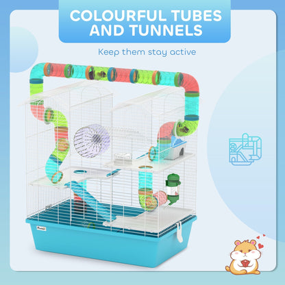PawHut 4 Tier Hamster Cage w/ Tubes, Exercise Wheel, Hut, Water Bottle, Food Dish, Ramps, for Dwarf Hamster, Light Blue