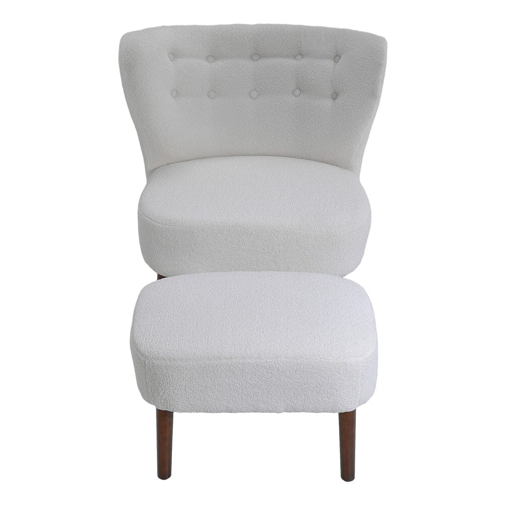 White Boucle Teddy Upholstered Accent Chair with Footstool