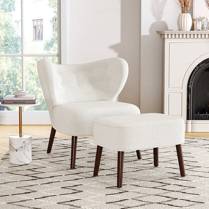 White Boucle Teddy Upholstered Accent Chair with Footstool