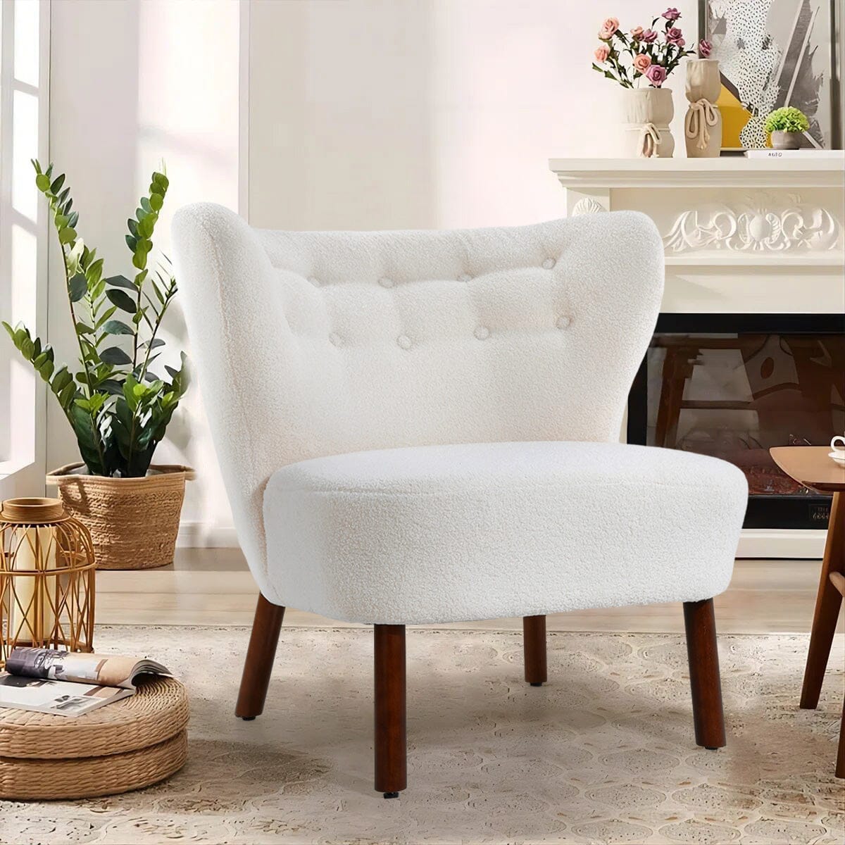 White Boucle Teddy Upholstered Accent Chair with Footstool