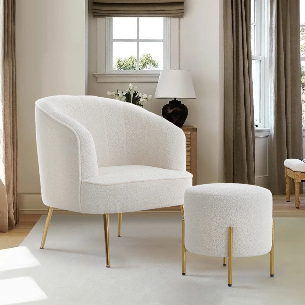 Teddy Boucle Fabric White Tub Chair and Footstool Set