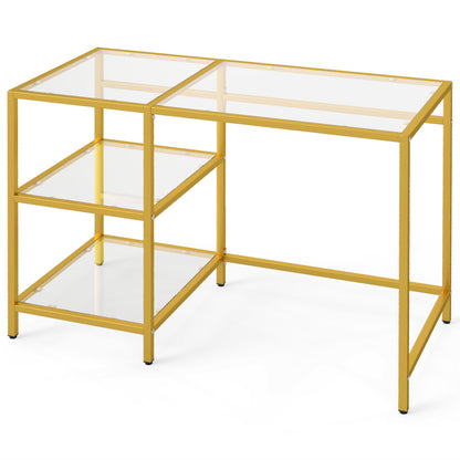 Tempered Glass Computer Desk Modern Office Desk with Open Storage Shelves-Gold