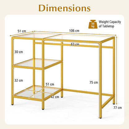 Tempered Glass Computer Desk Modern Office Desk with Open Storage Shelves-Gold