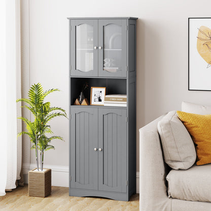 Tempered Glass Door Pantry Cabinet with 3-Position Adjustable Shelves-Grey