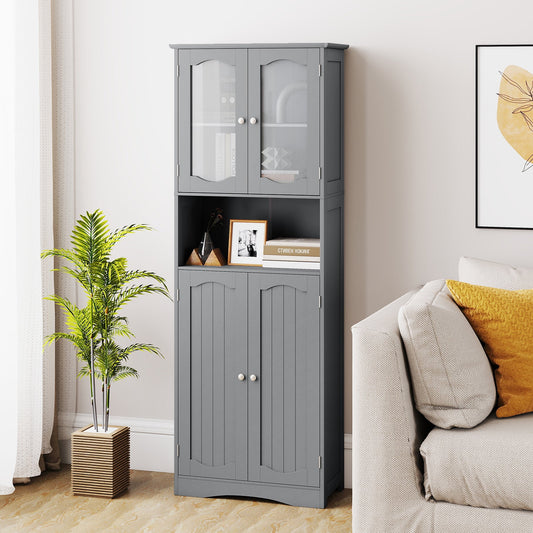 Tempered Glass Door Pantry Cabinet with 3-Position Adjustable Shelves-Grey