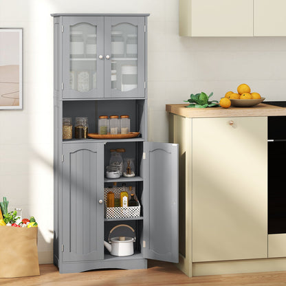 Tempered Glass Door Pantry Cabinet with 3-Position Adjustable Shelves-Grey