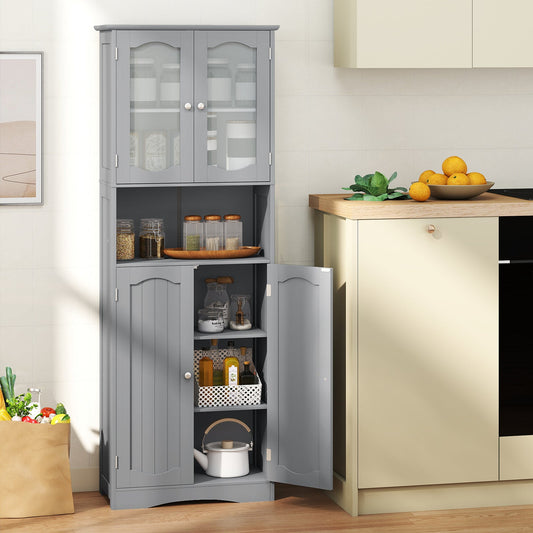 Tempered Glass Door Pantry Cabinet with 3-Position Adjustable Shelves-Grey