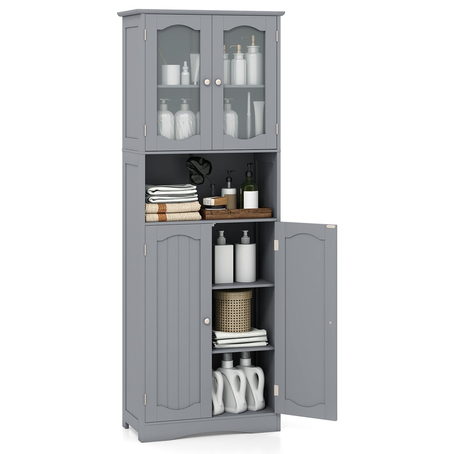 Tempered Glass Door Pantry Cabinet with 3-Position Adjustable Shelves-Grey