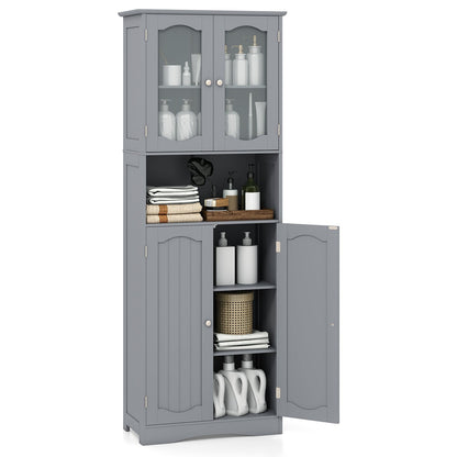 Tempered Glass Door Pantry Cabinet with 3-Position Adjustable Shelves-Grey