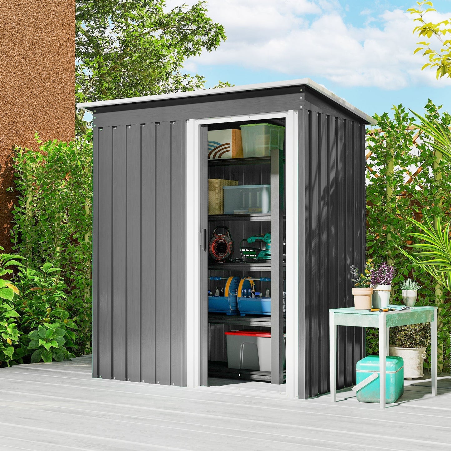 Outsunny 5x3 Storage Shed with Sliding Door and Sloped Roof for Garden, Light Grey