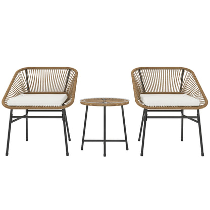 Outsunny 3 Pieces Rattan Bistro Set, Wicker Small Garden Table and Chairs Set with Cushions and Glass Top Coffee Table, Bistro Garden Furniture Set for Outdoor, Patio, Balcony, Natural