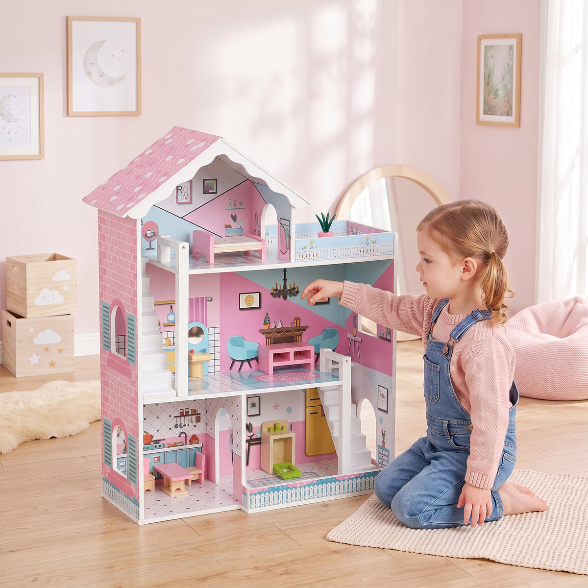 AIYAPLAY Wooden Dolls House, Large 3-Storey Modern Dollhouse with 10 Accessories, Pretend Play Toy Gift for Ages 3-6 Years, Pink