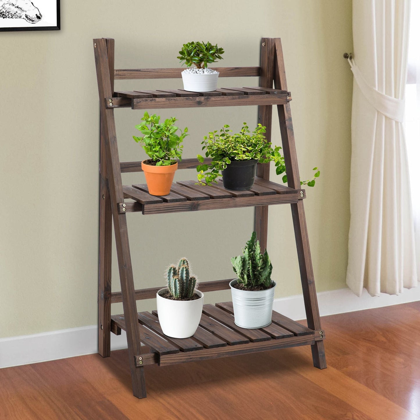 3 Tier Wooden Plant Shelf Foldable Plant Pots Holder Stand Indoor Outdoor 60L x 37W x 93H cm