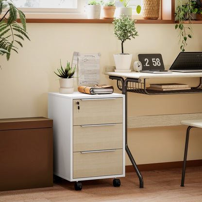 HOMCOM Three-Drawer Locking Filing Cabinet - Oak/White