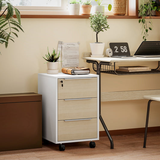 HOMCOM Three-Drawer Locking Filing Cabinet - Oak/White