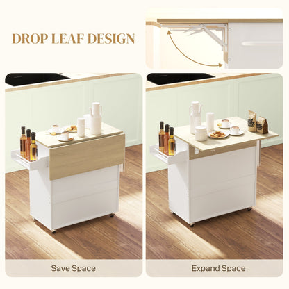 HOMCOM Rolling Kitchen Island with Drop Leaf, Kitchen Storage Cart with Drawer, Spice Rack and Towel Rack, White