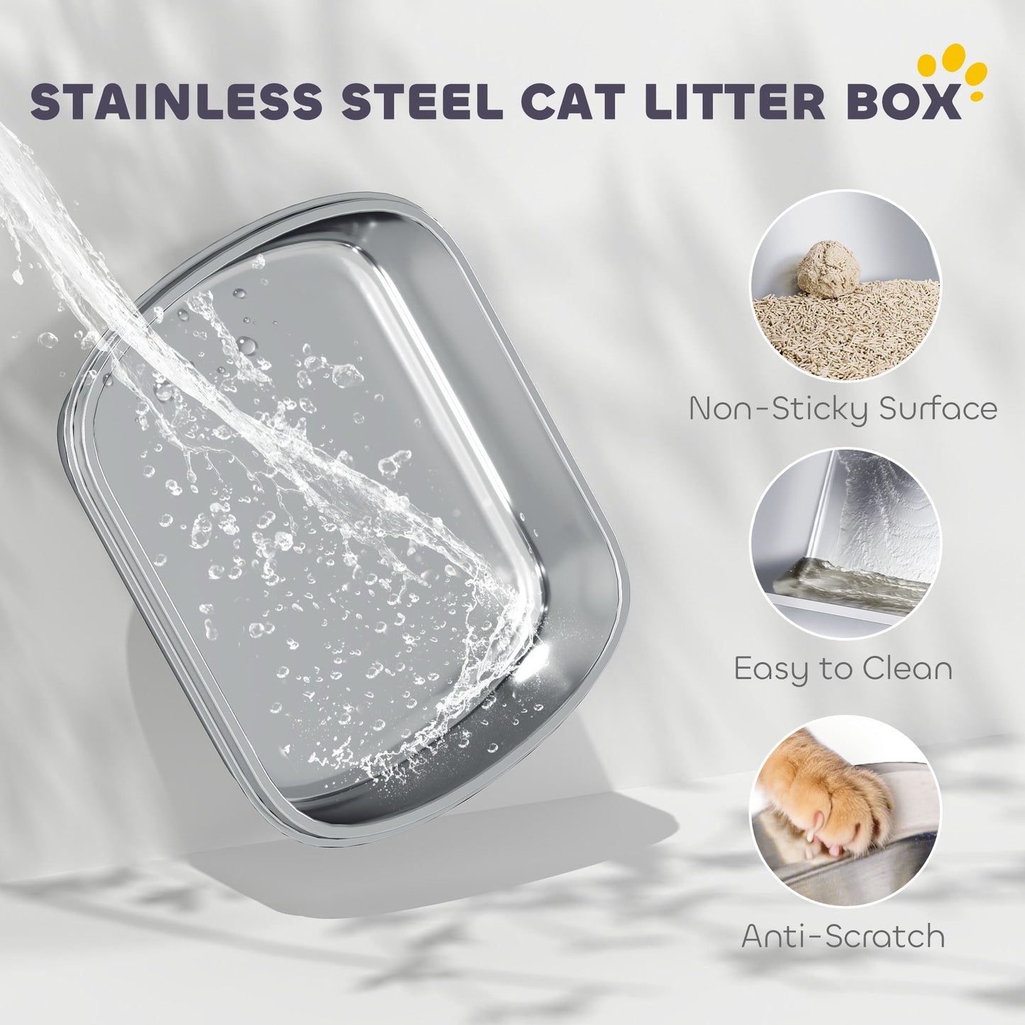 PawHut Stainless Steel Cat Litter Box with Lid, for Cats, Enclosed Cat Litter Box with Flip Cover, Scoop
