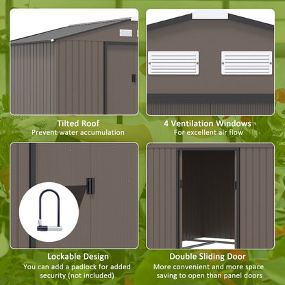 Outsunny 9 x 6FT Garden Metal Storage Shed Outdoor Storage Shed with Foundation Ventilation & Doors, Brown